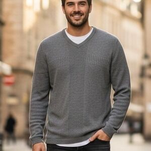 Claiborne Medium $55 Gray Ribbed V-Neck Long Sleeve 100% Cotton Pullover